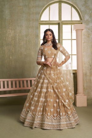 Beige Party Wear Designer Butterfly Net Lehenga Choli with Tone-on-Tone Thread & Sequins Embroidery Dupatta