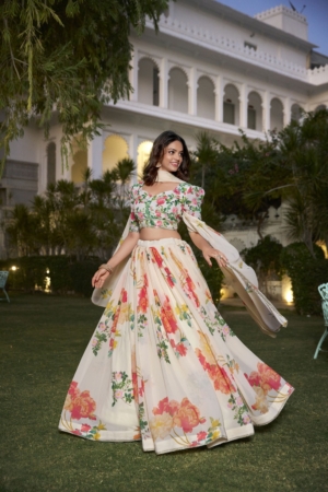 Elegant Cream Floral Printed Georgette Lehenga Choli for Women