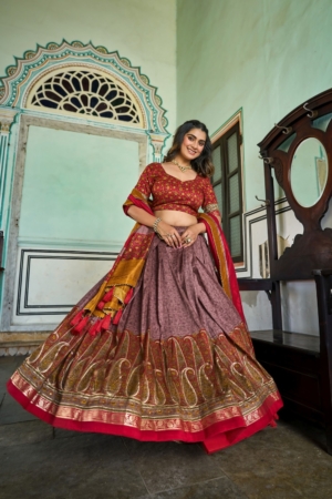 Maroon Party Wear Tussar Silk Lehenga Choli with Designer Kashmiri Foil Print Dupatta for Women