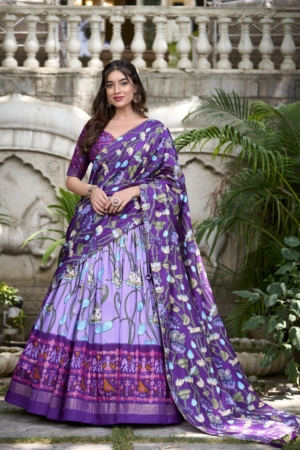 Lavender Party Wear Tussar Silk Lehenga Choli with Designer Pichwai & Patola Printed Dupatta