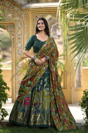 Green Party Wear Tussar Silk Lehenga Choli with Designer Kashmiri Foil Print Dupatta