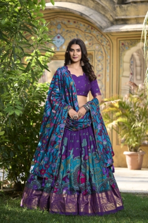 Purple Party Wear Tussar Silk Lehenga Choli with Designer Kashmiri Foil Printed Dupatta