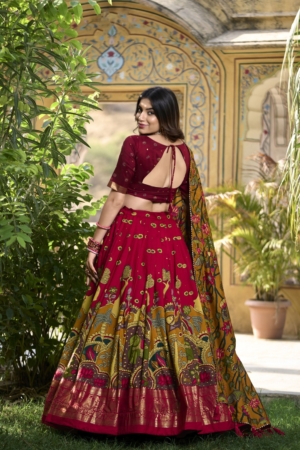 Red Party Wear Tussar Silk Lehenga Choli with Designer Kashmiri Foil Printed Dupatta