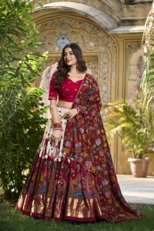 Maroon Party Wear Tussar Silk Lehenga Choli with Designer Kashmiri Foil Printed Dupatta