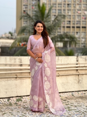 Elegant Orissa Silk Lavender Color Saree with Lotus Embroidery & Cut Work