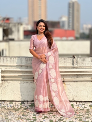 Designer Orissa Silk Pink Saree with Detailed Cut Work & Embroidery For Festive Wear