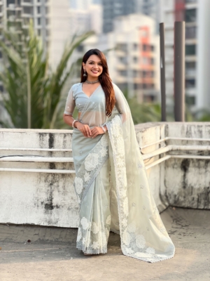 Premium Orissa Silk Sky Blue Saree with Artistic Cut Work and Embroidered Blouse