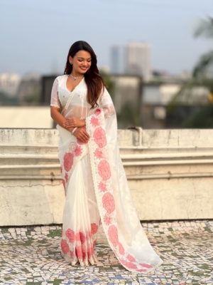 Traditional Orissa Silk White Saree with Cut Work Detailing & Designer Blouse