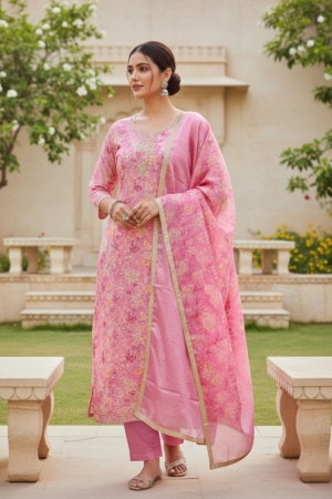 Designer Printed Pink Modal Silk Unstitched Suit with Naznin Dupatta for Women