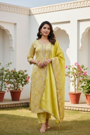 Designer Yellow Modal Silk Handwork Unstitched Suit with Soft Naznin Dupatta