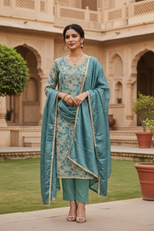 Festive Blue Modal Silk Handwork Unstitched Suit with Naznin Dupatta