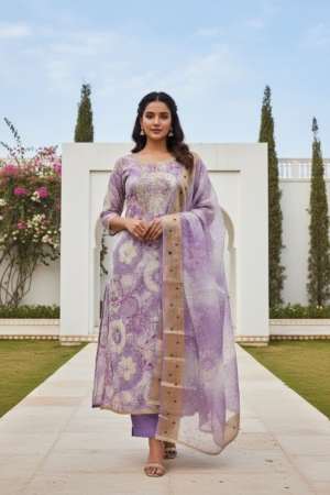 Lavender Modal Silk Unstitched Suit with Organza Jacquard Dupatta