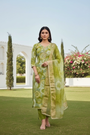 Festive Green Unstitched Salwar Suit with Organza Dupatta For Wedding