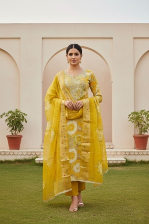 Elegant Yellow Modal Silk Unstitched Suit with Organza Jacquard Dupatta