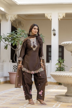Designer Brown Color Satin Embroidered Readymade Suit for Festive & Party Wear