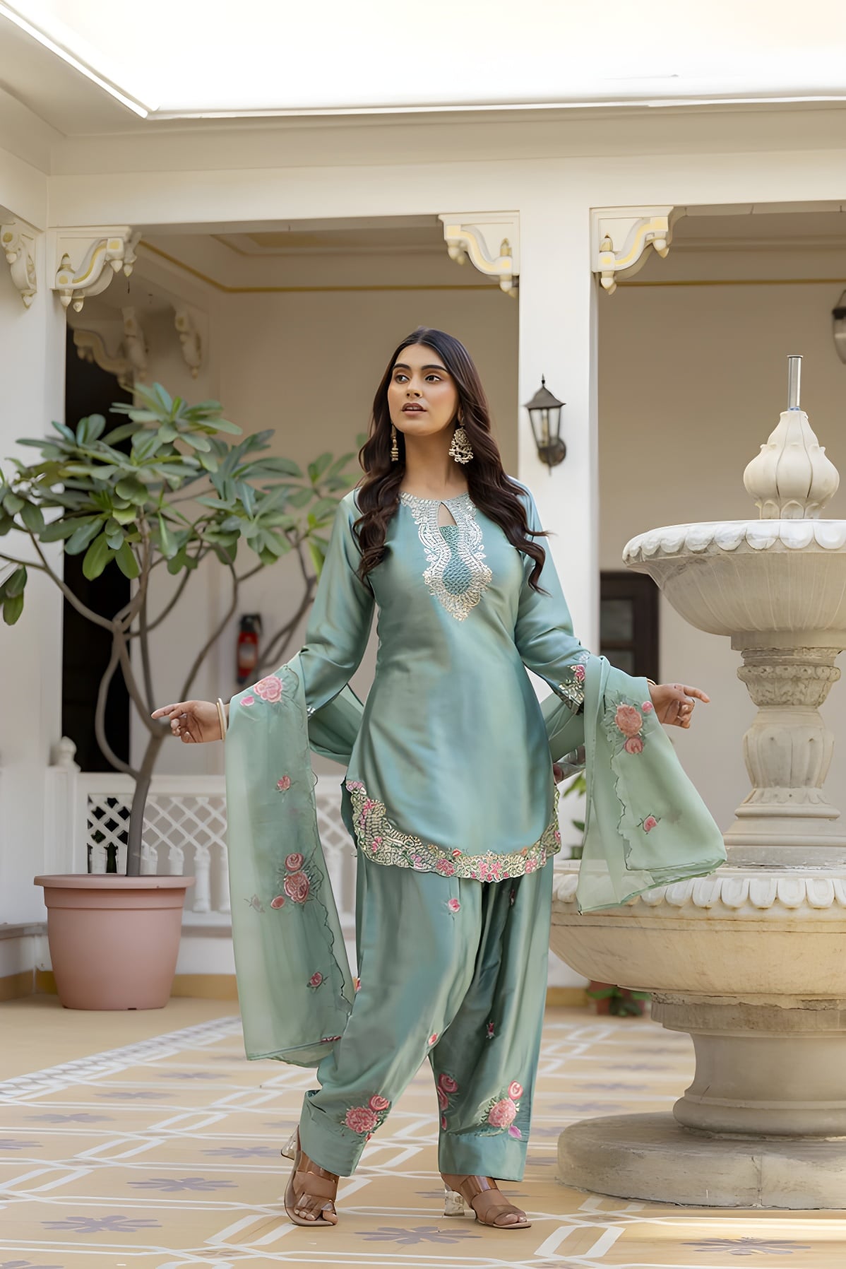 Designer Sea Green Satin Salwar Suit with Embroidery Work & Dupatta For Festive - Image 3
