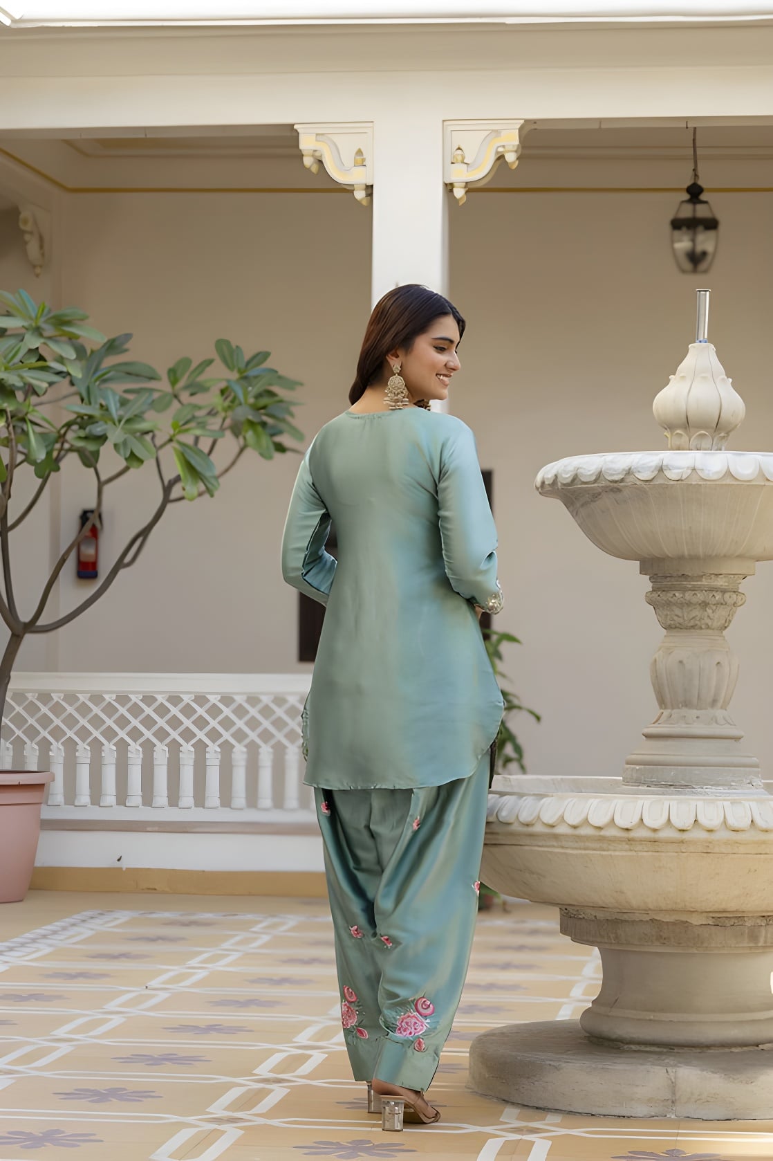 Designer Sea Green Satin Salwar Suit with Embroidery Work & Dupatta For Festive - Image 2