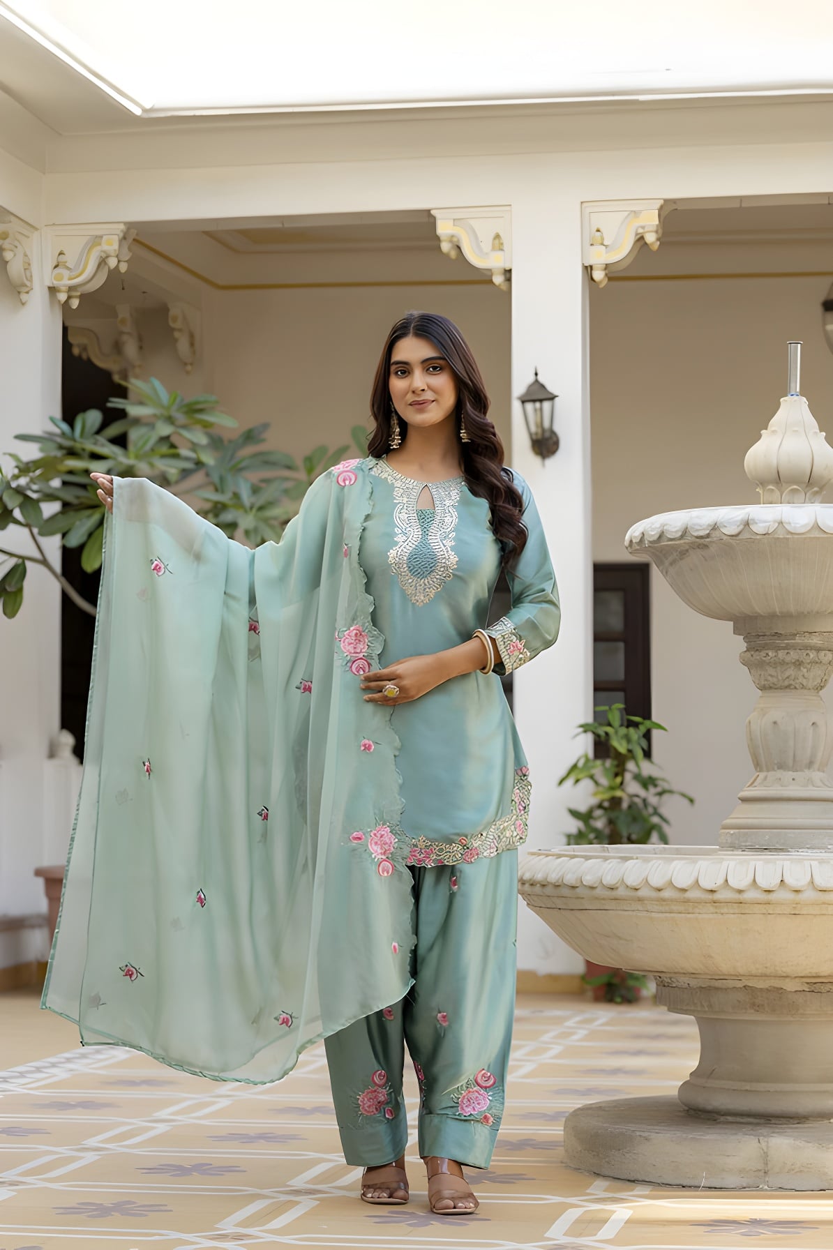 Designer Sea Green Satin Salwar Suit with Embroidery Work & Dupatta For Festive - Image 4