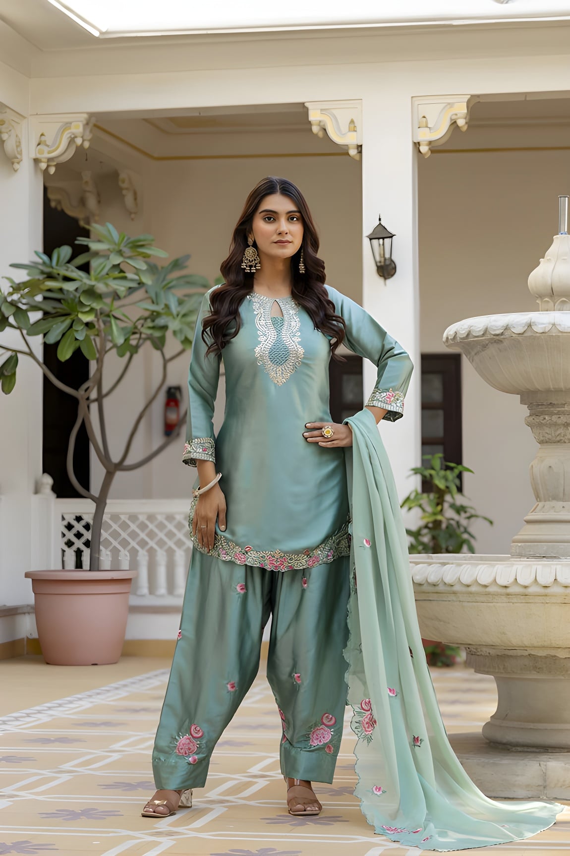 Designer Sea Green Satin Salwar Suit with Embroidery Work & Dupatta For Festive