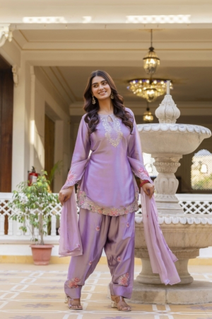 Elegant Satin Embroidered Purple Ready to Wear Salwar Suit For Party