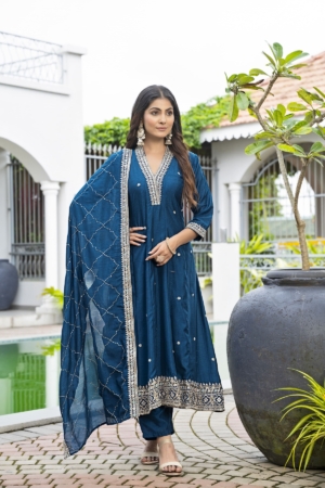 Designer Embroidered Work Salwar Suit In Teal Blue Color For Ceremonial
