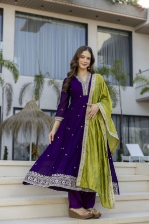 Premium Embroidered Purple Salwar Suit with Vichitra Silk Dupatta