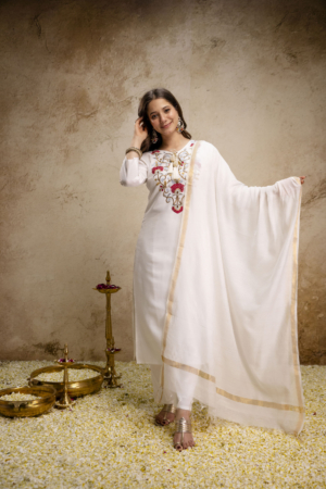 Elegant Off White Roman Silk Suit Set with Bhagalpuri Dupatta & Designer Embroidery Work