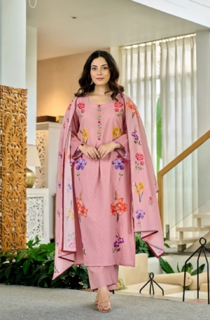 Smart Pink Color Floral Printed Chanderi Suit Set with Muslin Dupatta for Women