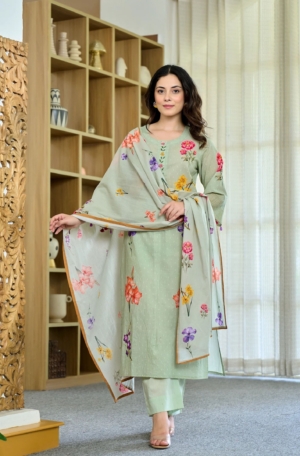 Premium Pista Color Floral Printed Chanderi Suit Set with Soft Muslin Dupatta