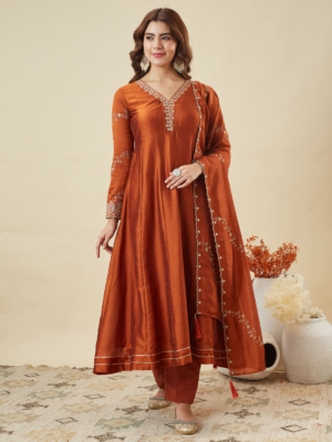 Elegant Orange Embroidered Vichitra Silk Kurti Pant Set with Silk Dupatta