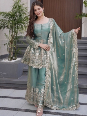 Designer Embroidered Sky Blue Fendy Silk Sharara Set with Dupatta for Women
