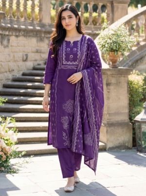 Designer Purple Hand Printed Muslin Suit Set with Dupatta For Women
