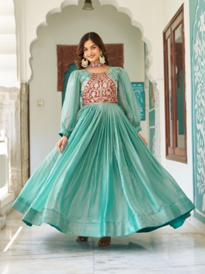 Designer Fendy Silk Sea-Green Readymade Festival Long Gown with Heavy  Embroidery Dupatta