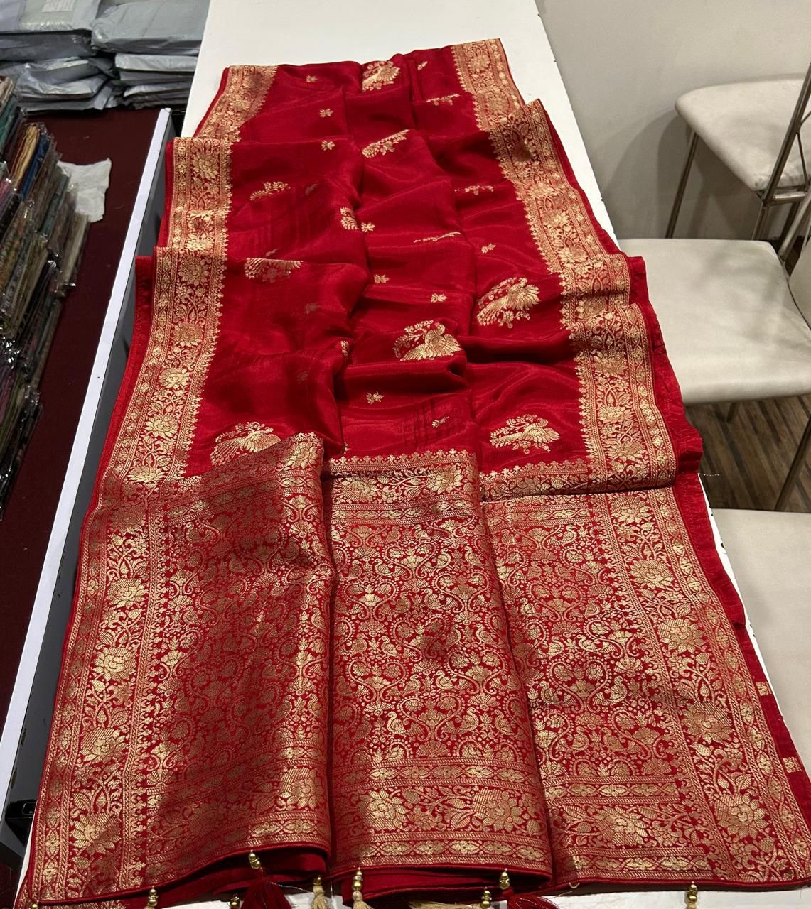 Pure Soft Russian Silk Saree with Peacock Zari Butta, Rich Woven Border & Tassel Pallu - Image 3