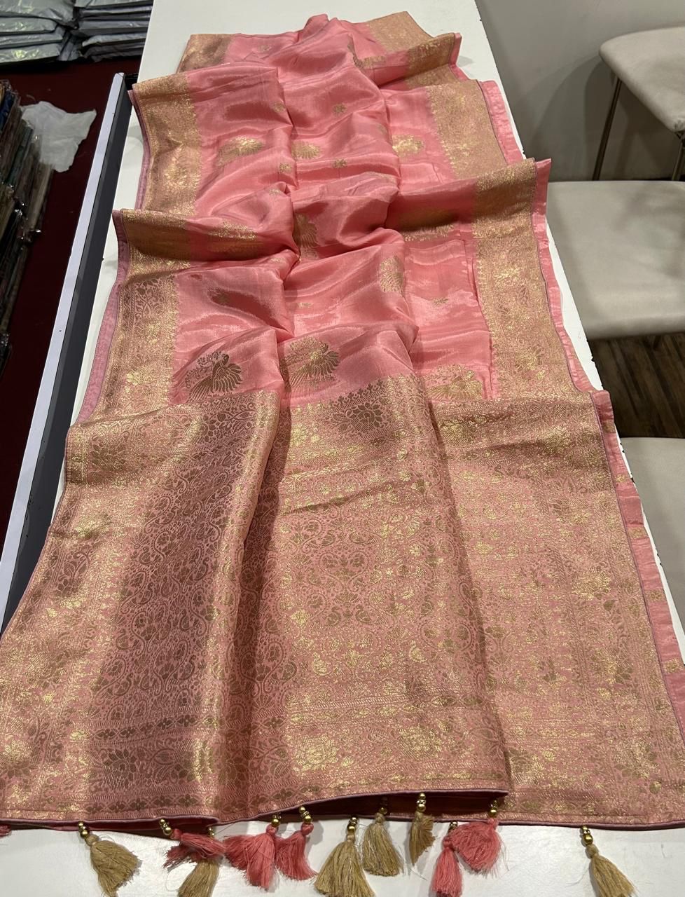 Soft Russian Silk Saree with Peacock Zari Butta And Running Blouse For Women - Image 2