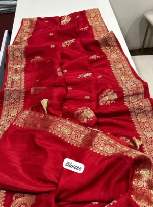 Pure Soft Russian Silk Saree with Peacock Zari Butta, Rich Woven Border & Tassel Pallu