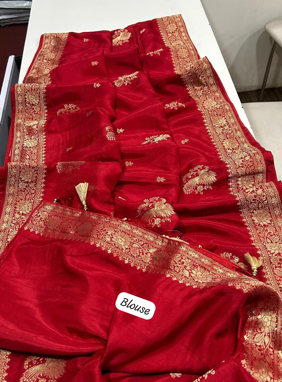 Pure Soft Russian Silk Saree with Peacock Zari Butta, Rich Woven Border & Tassel Pallu