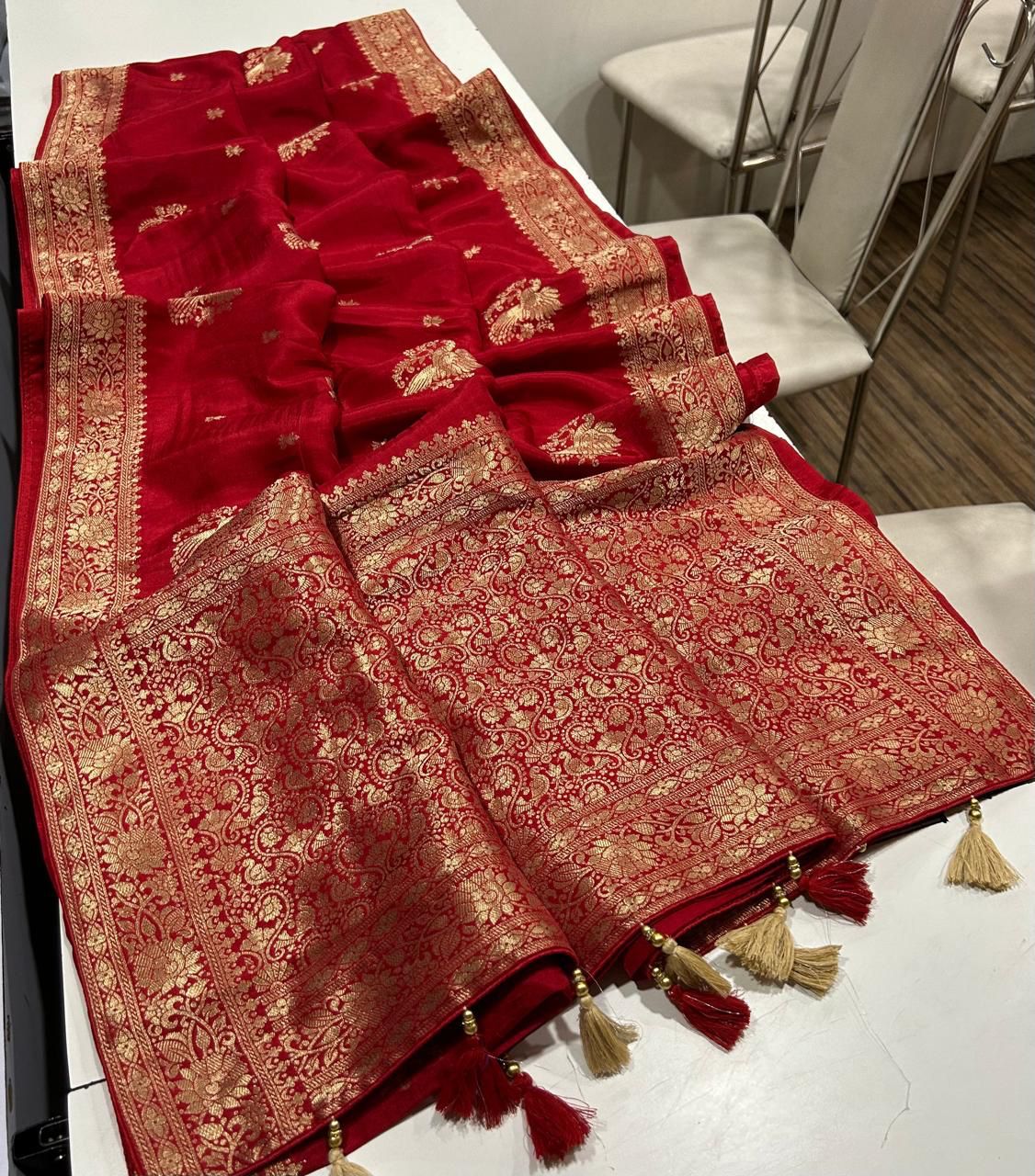 Pure Soft Russian Silk Saree with Peacock Zari Butta, Rich Woven Border & Tassel Pallu - Image 2