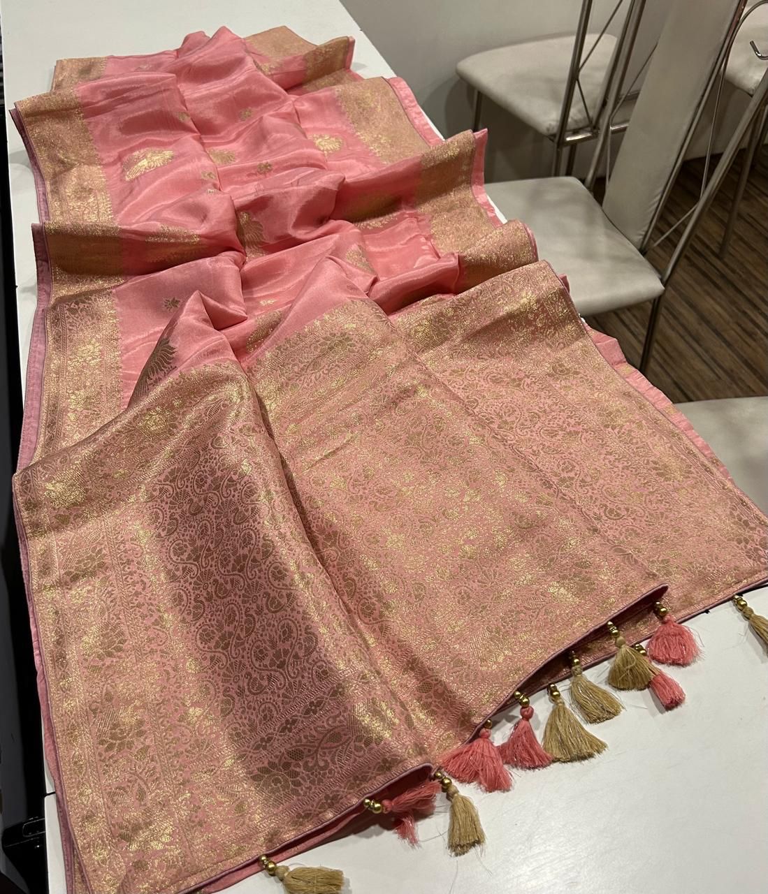 Soft Russian Silk Saree with Peacock Zari Butta And Running Blouse For Women - Image 3