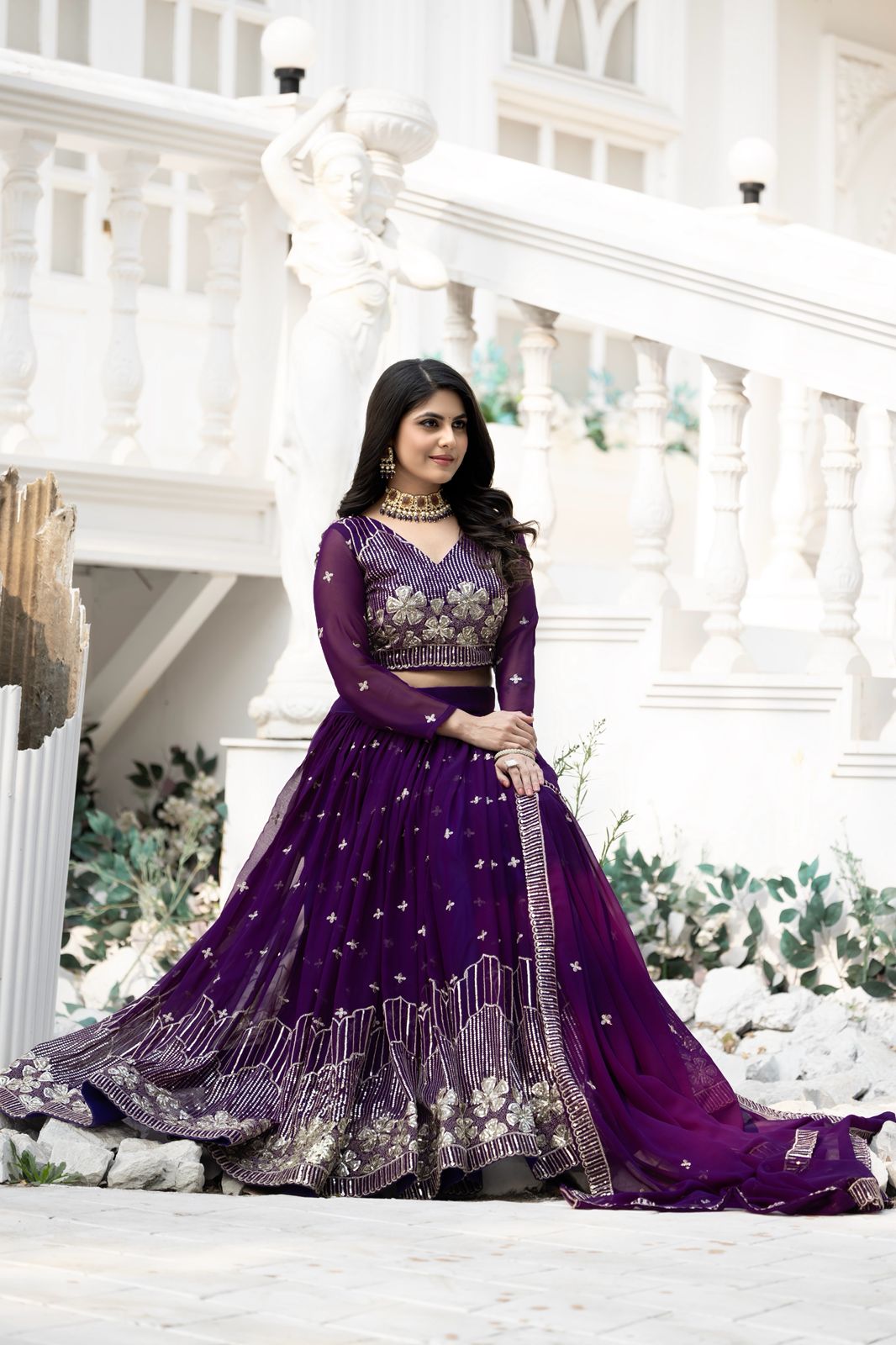 Royal Purple Georgette Fully-Stitched Embroidered Lehenga Choli with Sequence Work Dupatta