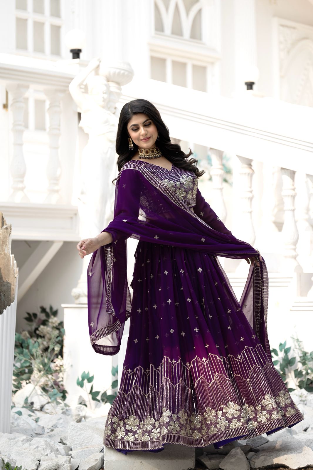 Royal Purple Georgette Fully-Stitched Embroidered Lehenga Choli with Sequence Work Dupatta - Image 2