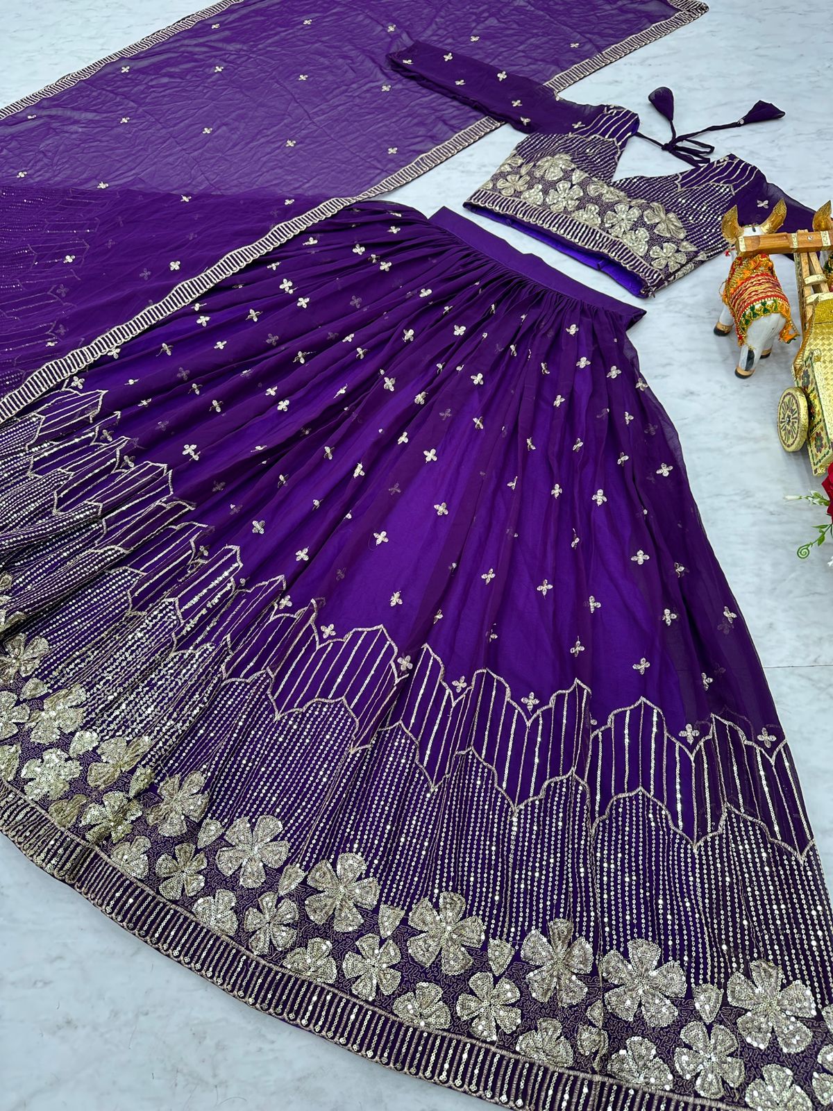Royal Purple Georgette Fully-Stitched Embroidered Lehenga Choli with Sequence Work Dupatta - Image 3
