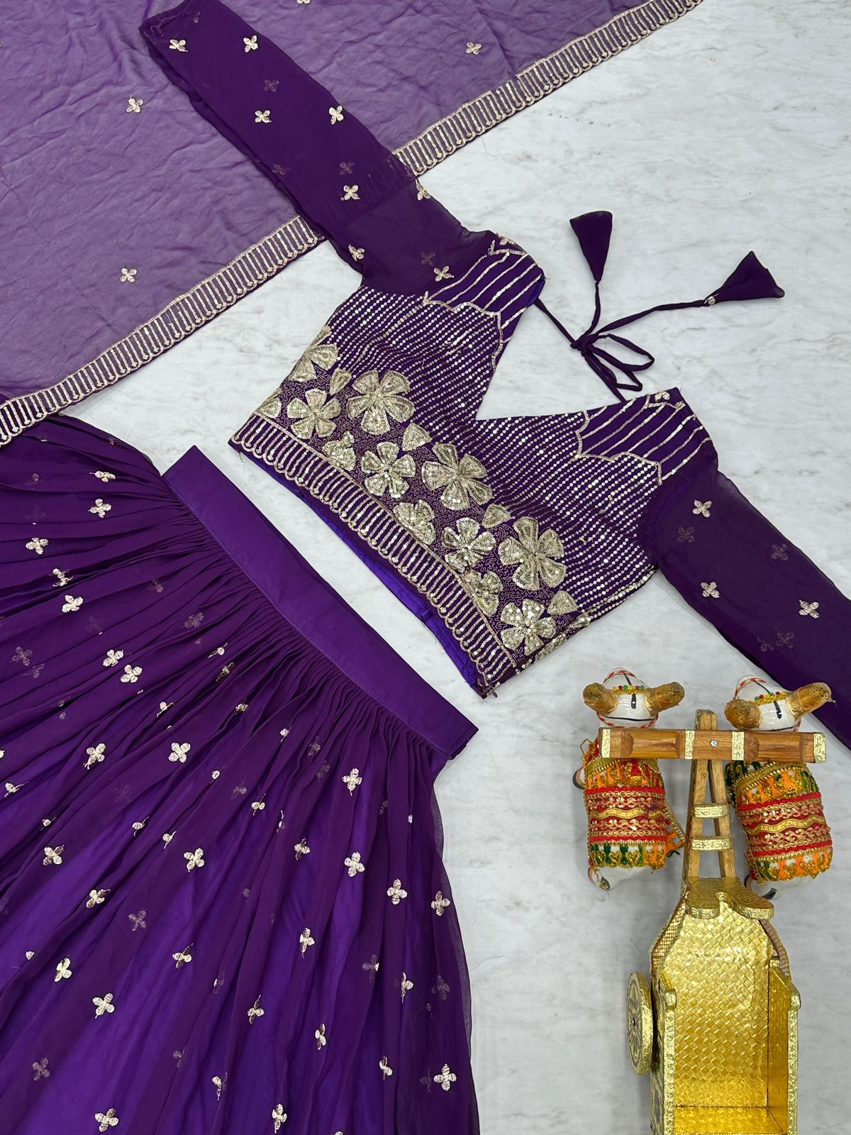 Royal Purple Georgette Fully-Stitched Embroidered Lehenga Choli with Sequence Work Dupatta - Image 4
