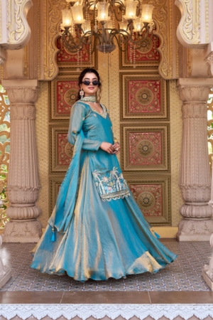 Elegant Sky Blue Pure Fendy Ready To Wear Lehenga Choli Set with Dupatta
