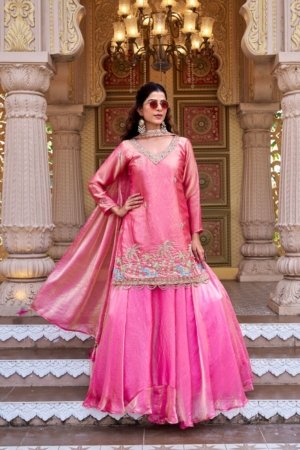 Designer Rani Pink Embroidered Indo Western Lehenga Choli With Beads & Sequins Work