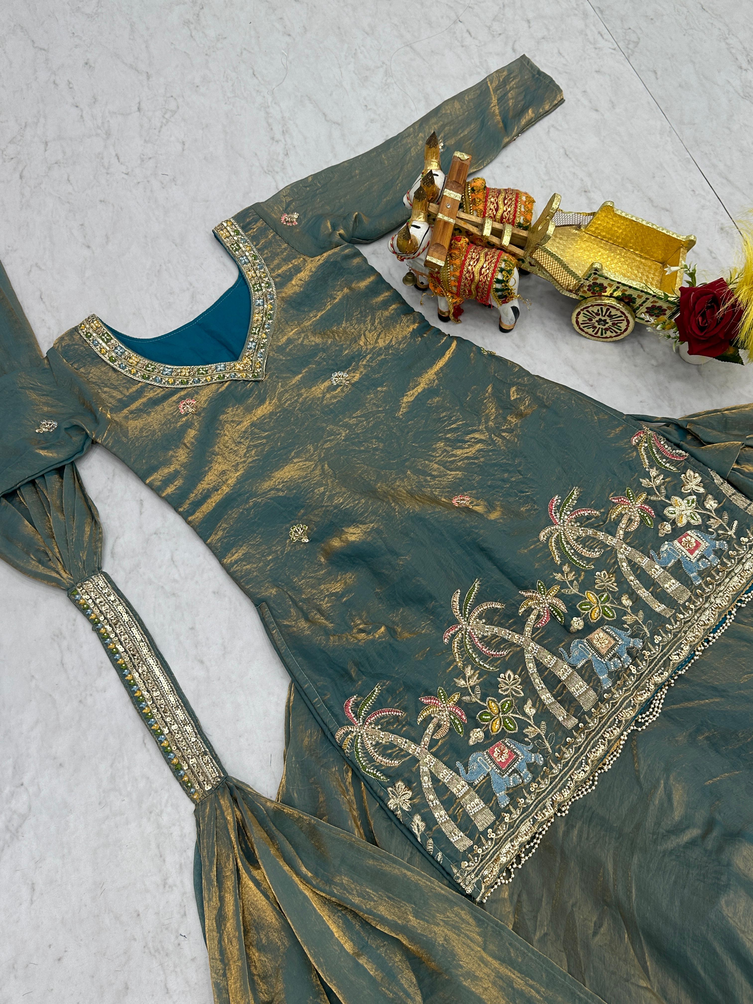 Elegant Sky Blue Pure Fendy Ready To Wear Lehenga Choli Set with Dupatta - Image 3