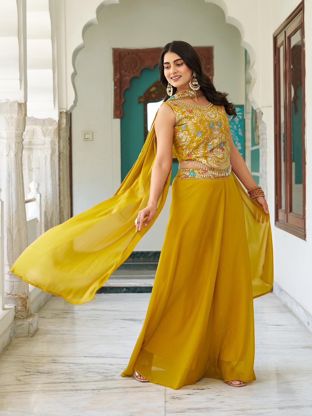 Mustard Star Georgette Party Wear Fully Stitched Embroidered Palazzo Suit Set with Dupatta