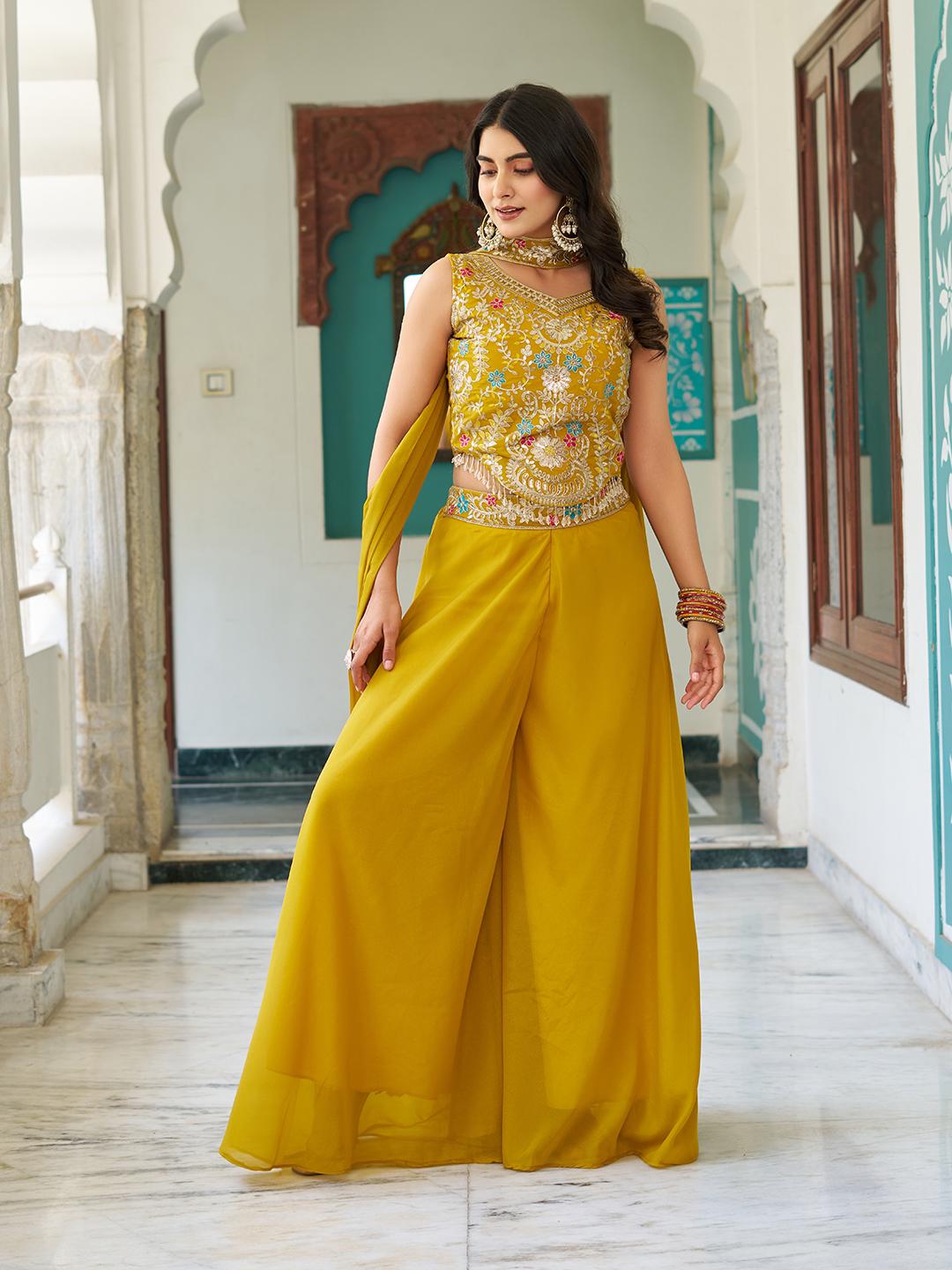 Mustard Star Georgette Party Wear Fully Stitched Embroidered Palazzo Suit Set with Dupatta - Image 2
