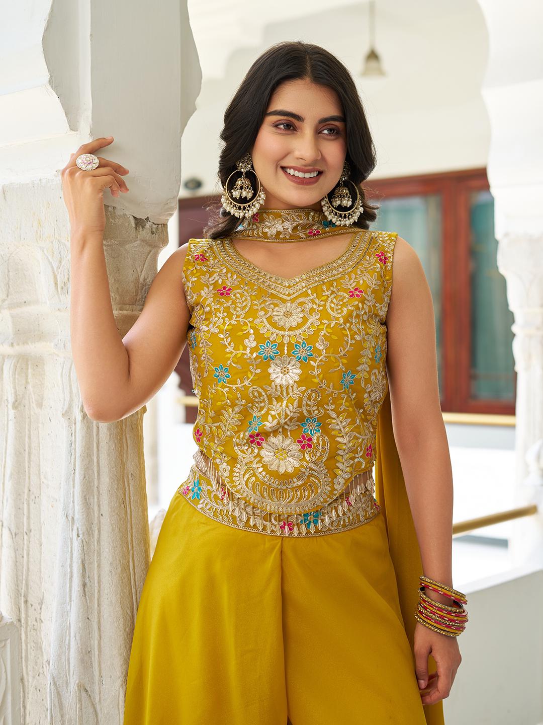 Mustard Star Georgette Party Wear Fully Stitched Embroidered Palazzo Suit Set with Dupatta - Image 3