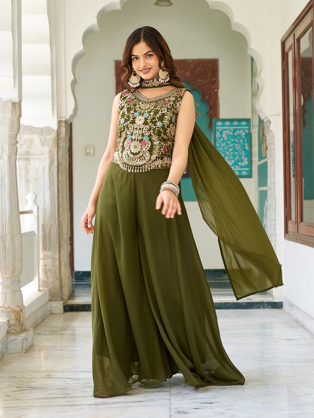 Elegant Mehndi Star Georgette Fully Stitched Palazzo Suit Set with Dupatta For Ceremonial